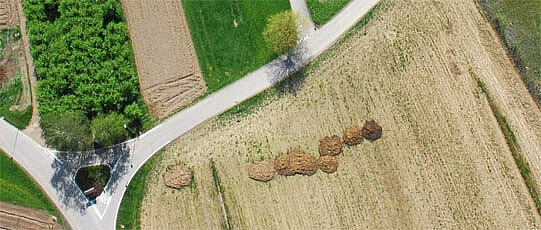 Luftbild einer Straße mit angrenzenden, bunten Äckern.