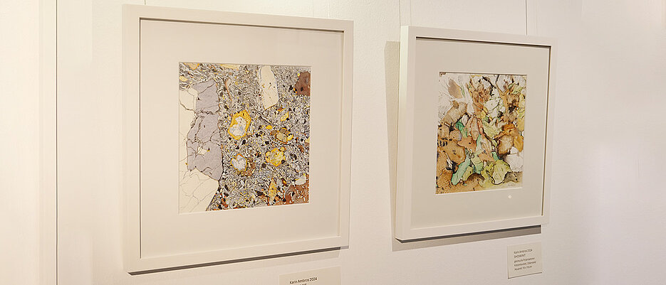 Wissenschaft trifft Kunst. Mit Aquarellfarben malt Karin Ambros das, was sonst nur unter dem Polarisationsmikroskop sichtbar wird. (Bild: Lutz Ziegler / Uni Würzburg) none