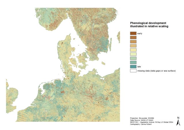 Figure 1: Preliminary Result of the day of EVI maximum in 2010 derived from MOD13Q1 data for Germany and neighboring countries.