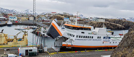 Hafen mit Schiffen; im Hintergrund Häuser und Berge.